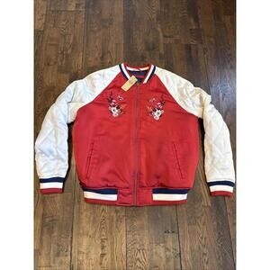 American Eagle Japan‑Inspired Embroidered Satin Bomber Jacket – Red/Navy – L
